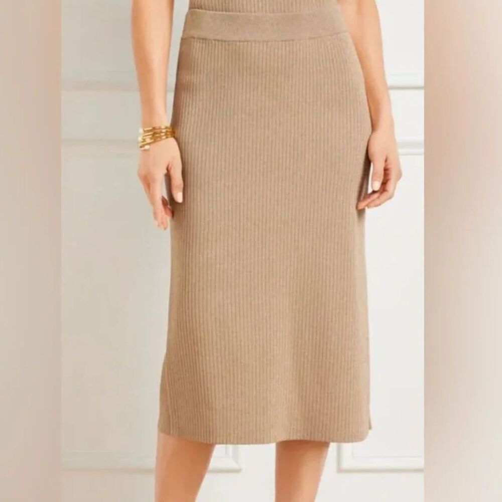 NWT Talbots Tan Sparkle Classic Ribbed Knit Midi Length Pull on Skirt Sz L